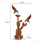 Hand-Carved Wooden Hummingbirds with Cactus Flower Sculpture – Artisan Parasite Wood Decor
