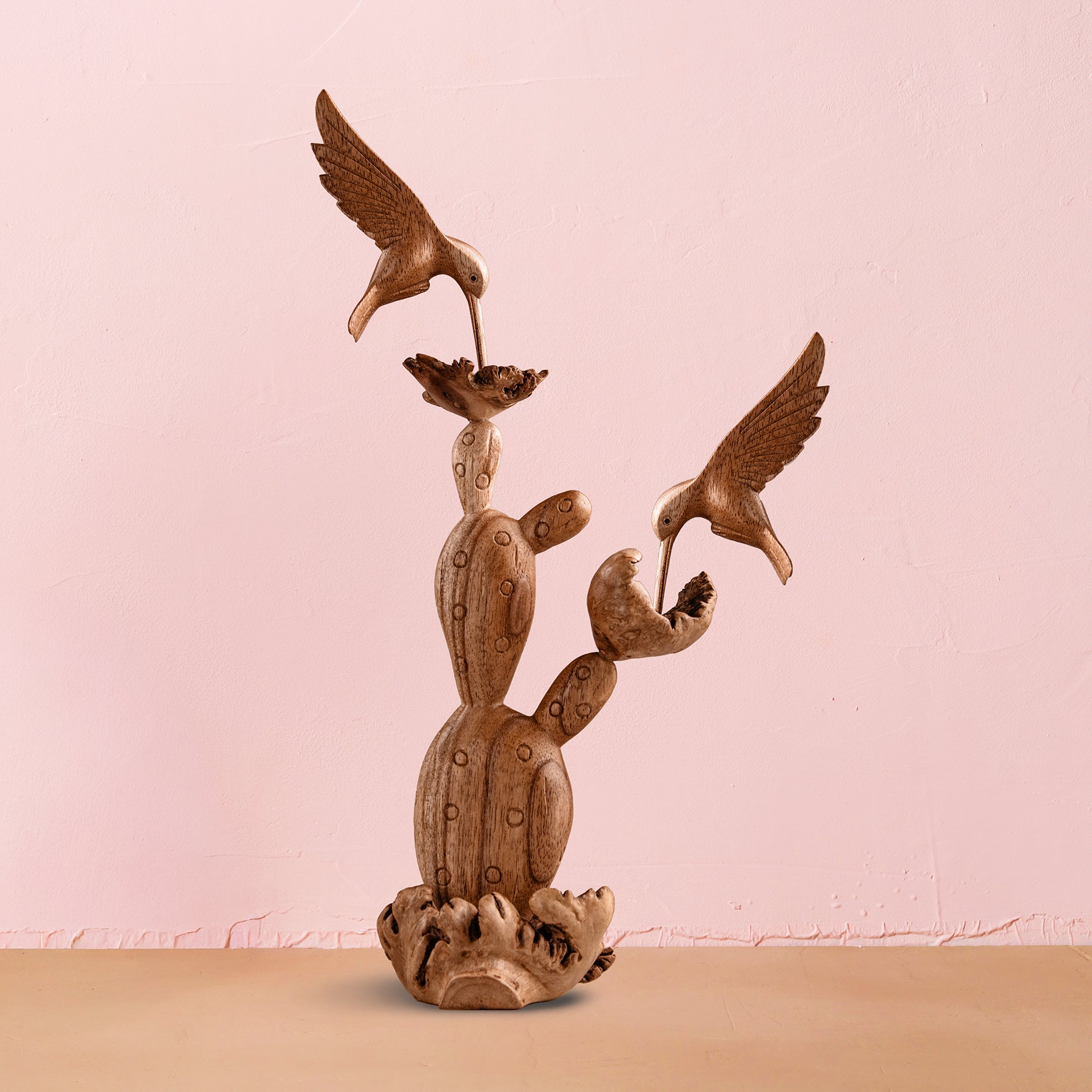 Hand-Carved Wooden Hummingbirds with Cactus Flower Sculpture – Artisan Parasite Wood Decor