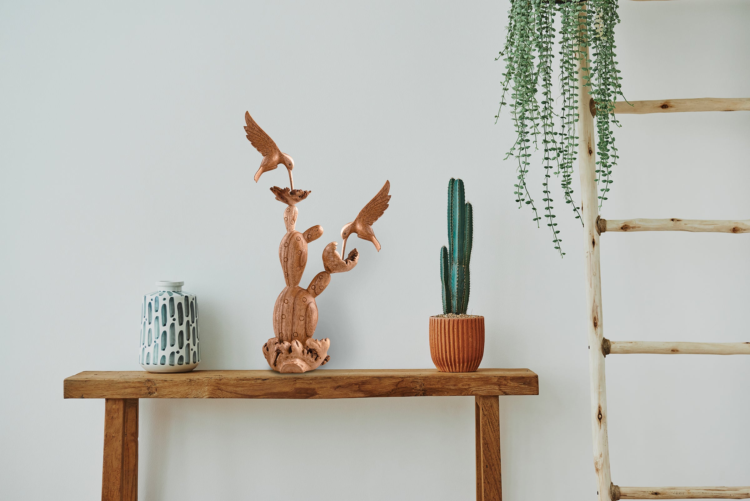 Hand-Carved Wooden Hummingbirds with Cactus Flower Sculpture – Artisan Parasite Wood Decor