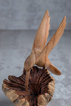 Hand-Carved Wooden Hummingbird Building Nest Sculpture (4")