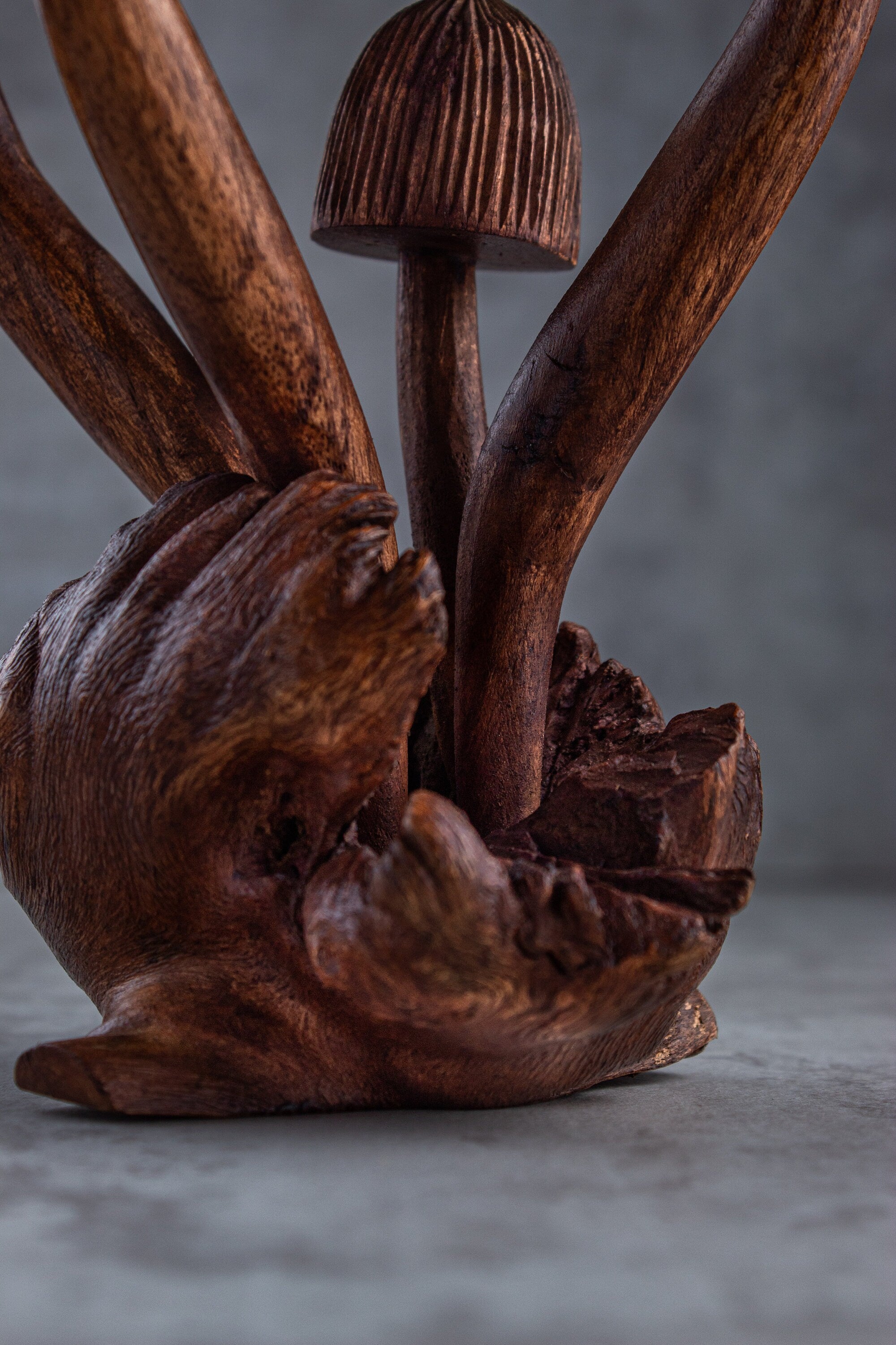 Mushroom Sculpture: Dark Wood Stain, Home Decor (9 inch)