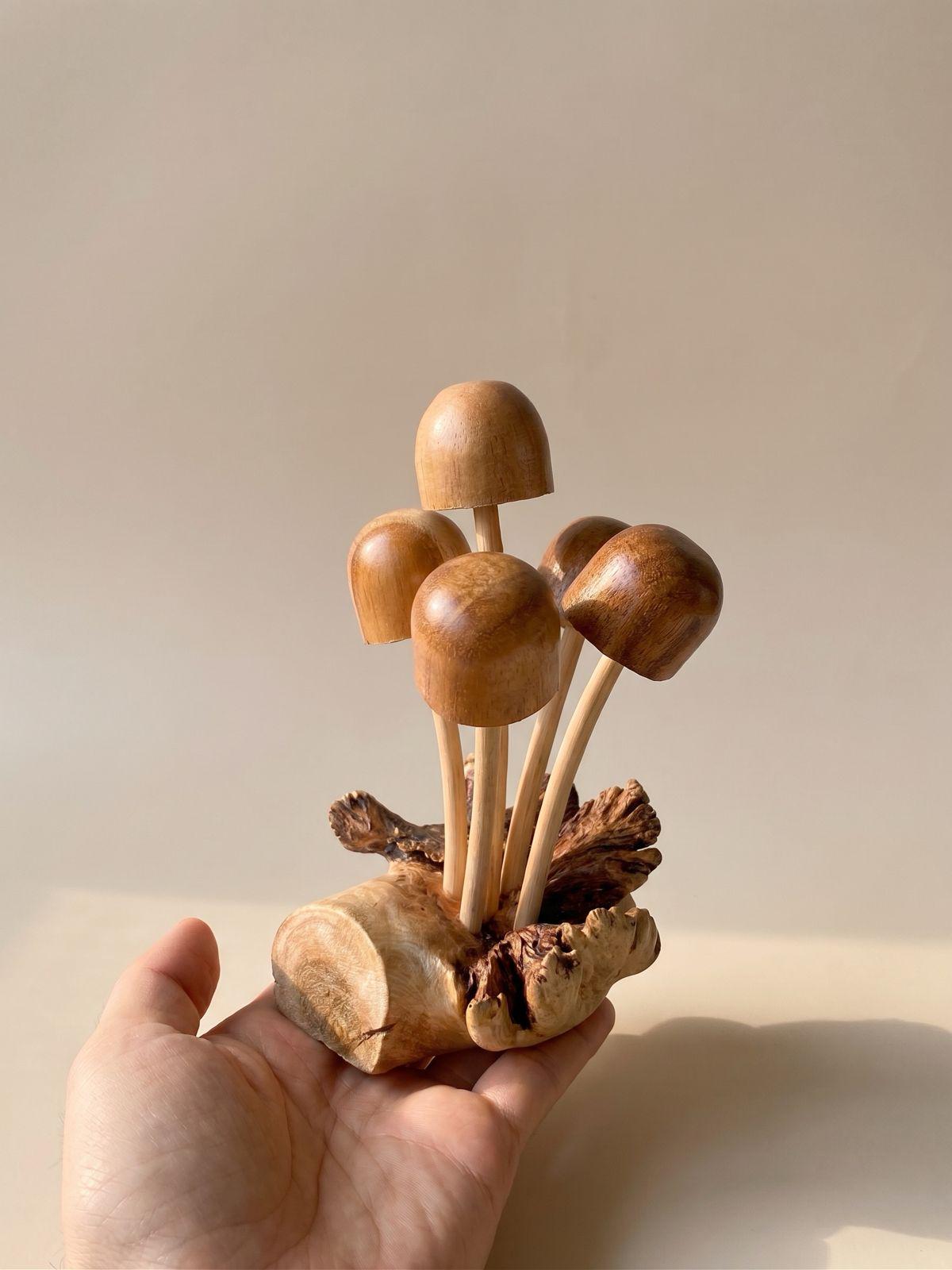 Hand Carved Wooden Mushroom Sculpture: Cluster woodland