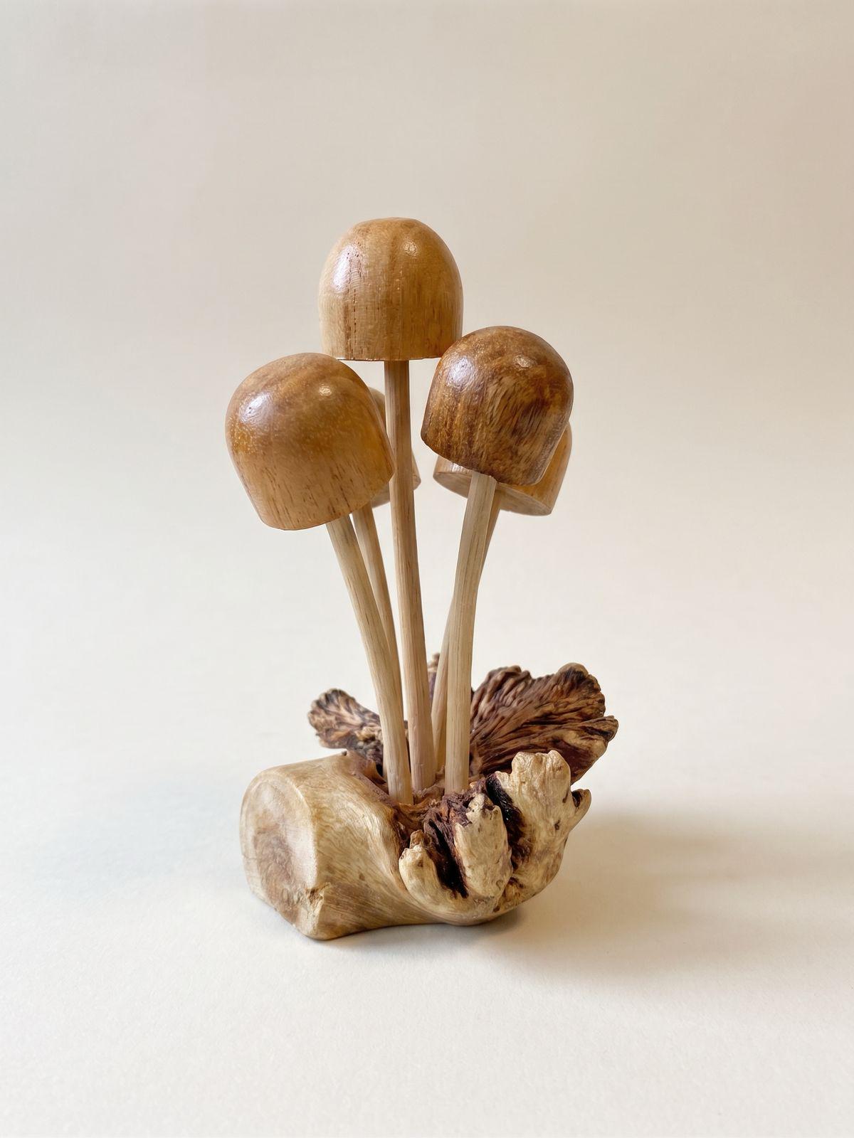 Hand Carved Wooden Mushroom Sculpture: Cluster woodland