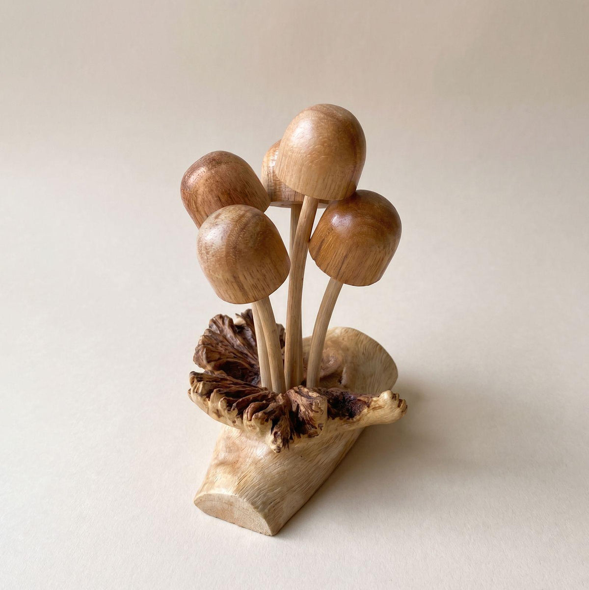 Hand Carved Wooden Mushroom Sculpture: Cluster woodland