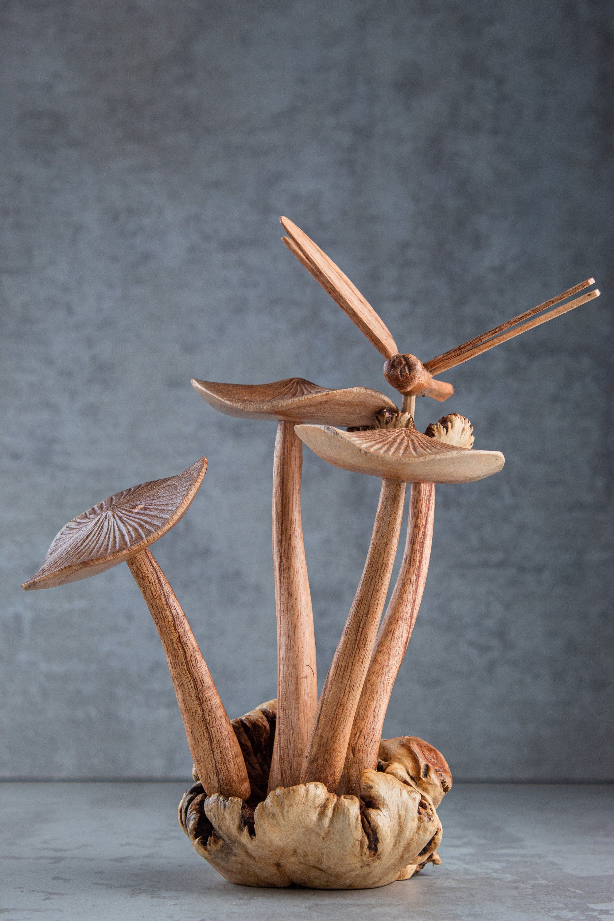 Wooden Dragonfly On Mushroom Sculpture (7")