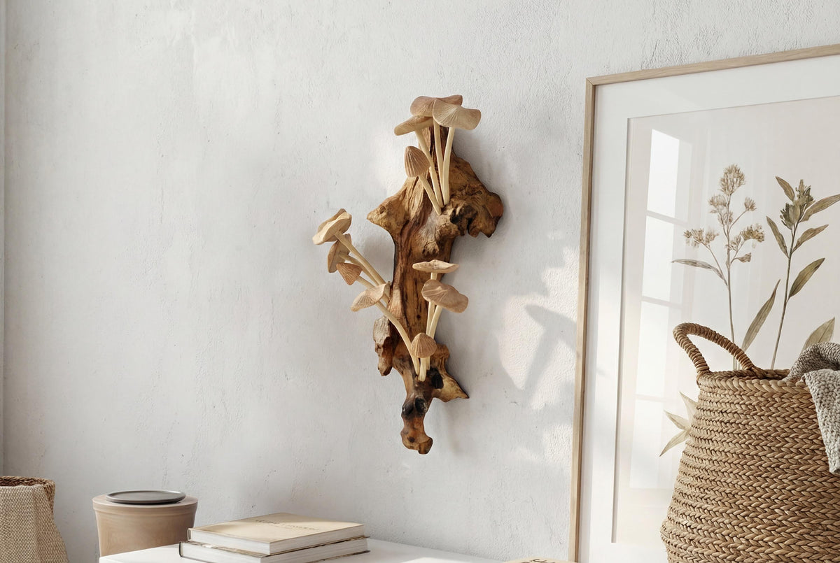 Hand-carved wooden mushroom wall sculpture