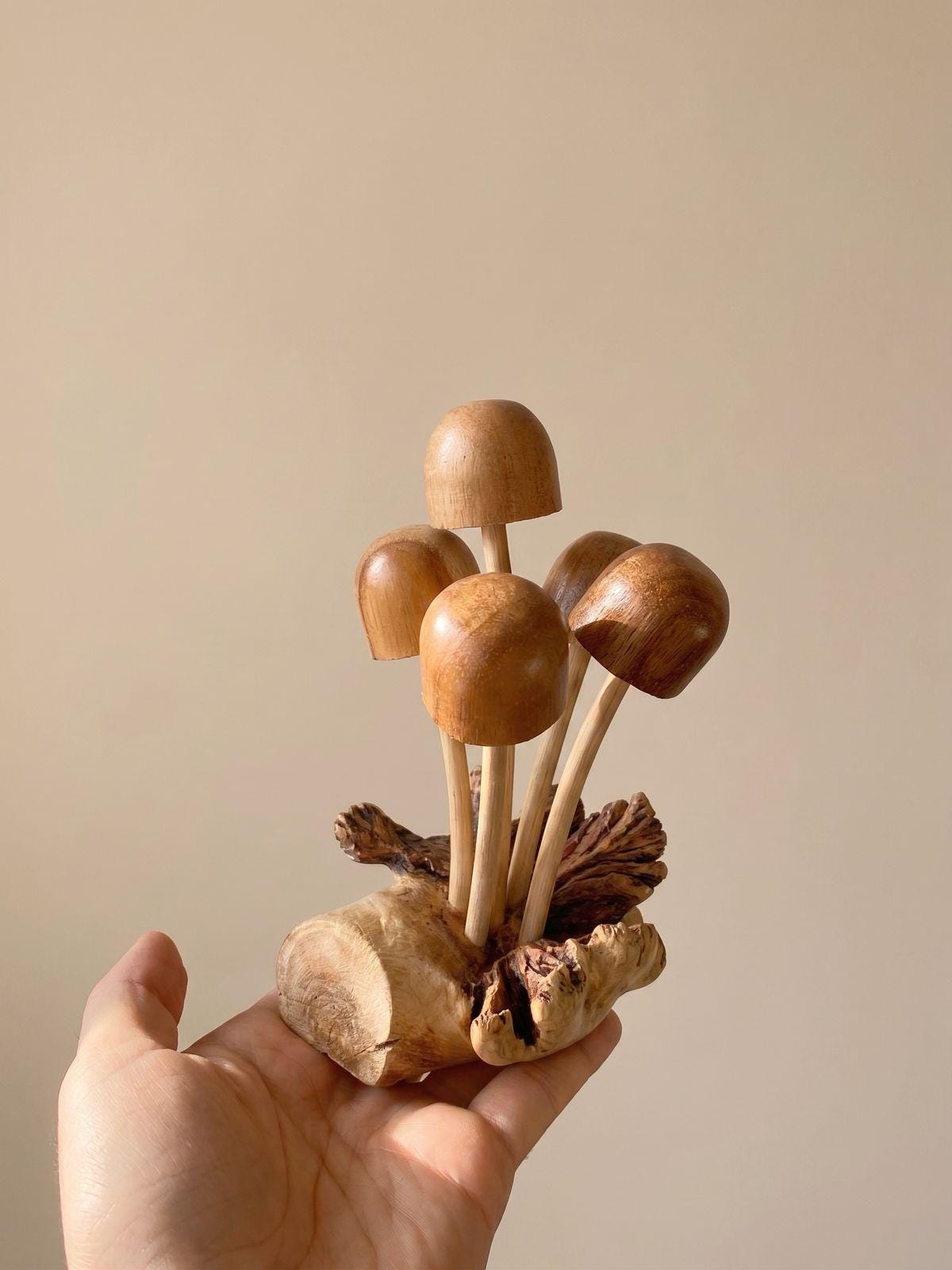 Hand Carved Wooden Mushroom Sculpture: Cluster woodland