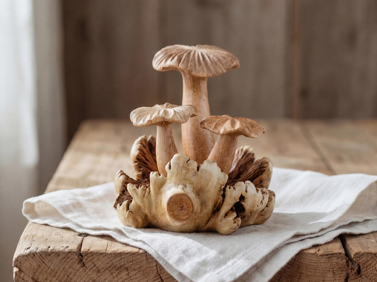 Chanterelle Mushroom Sculpture: Parasite Wood Fungi, Home Decor Wooden art