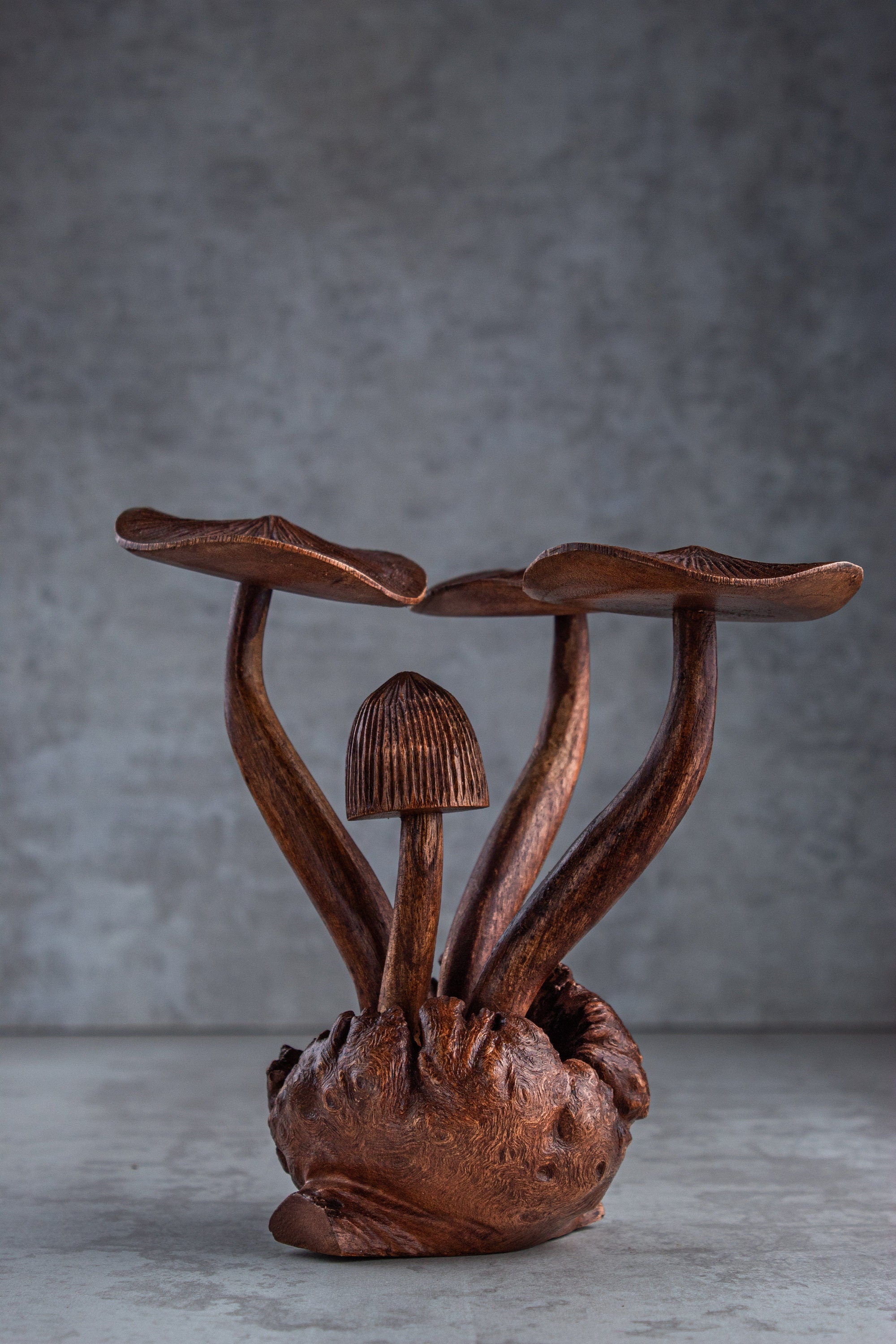 Mushroom Sculpture: Dark Wood Stain, Home Decor (9 inch)