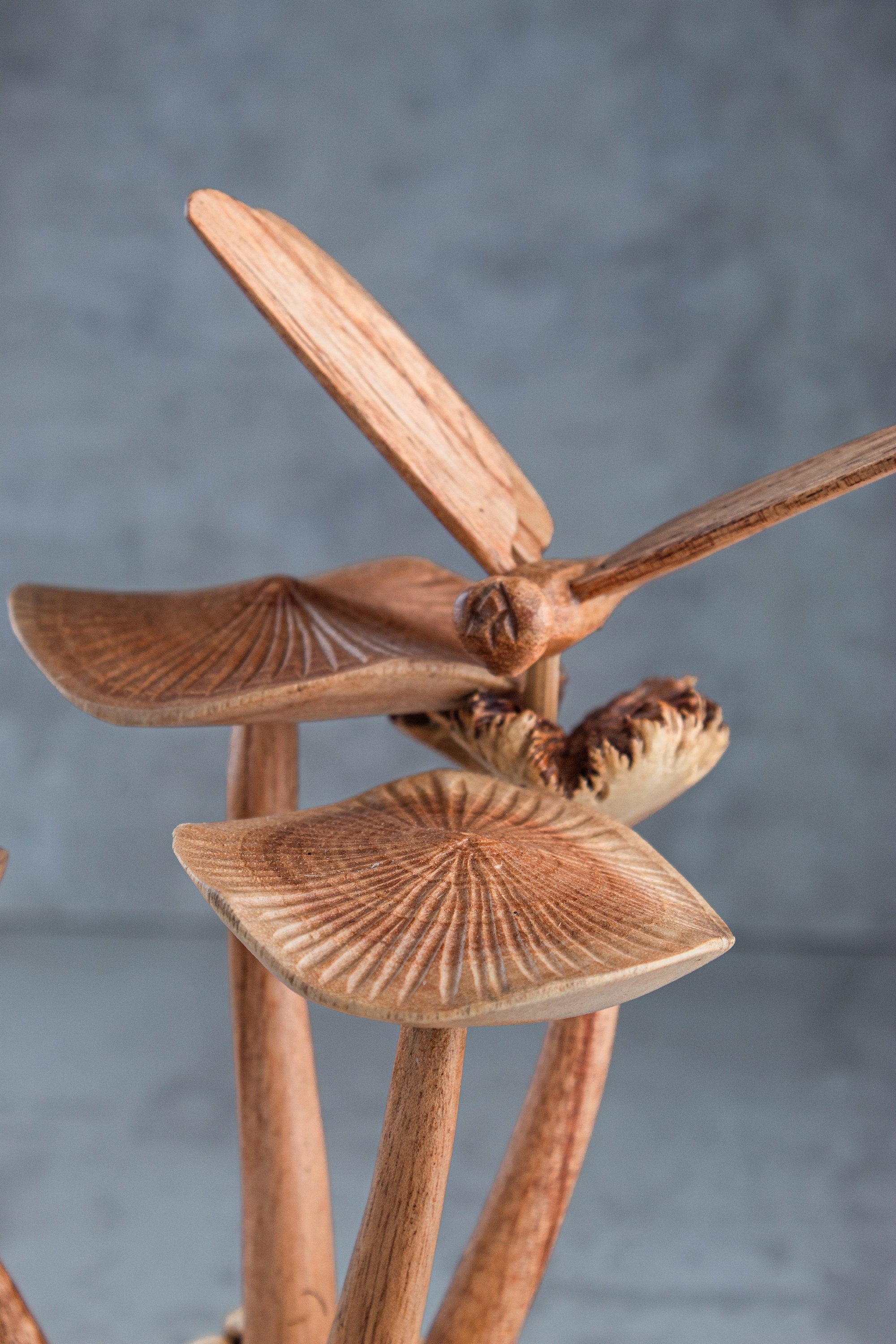 Wooden Dragonfly On Mushroom Sculpture (7")