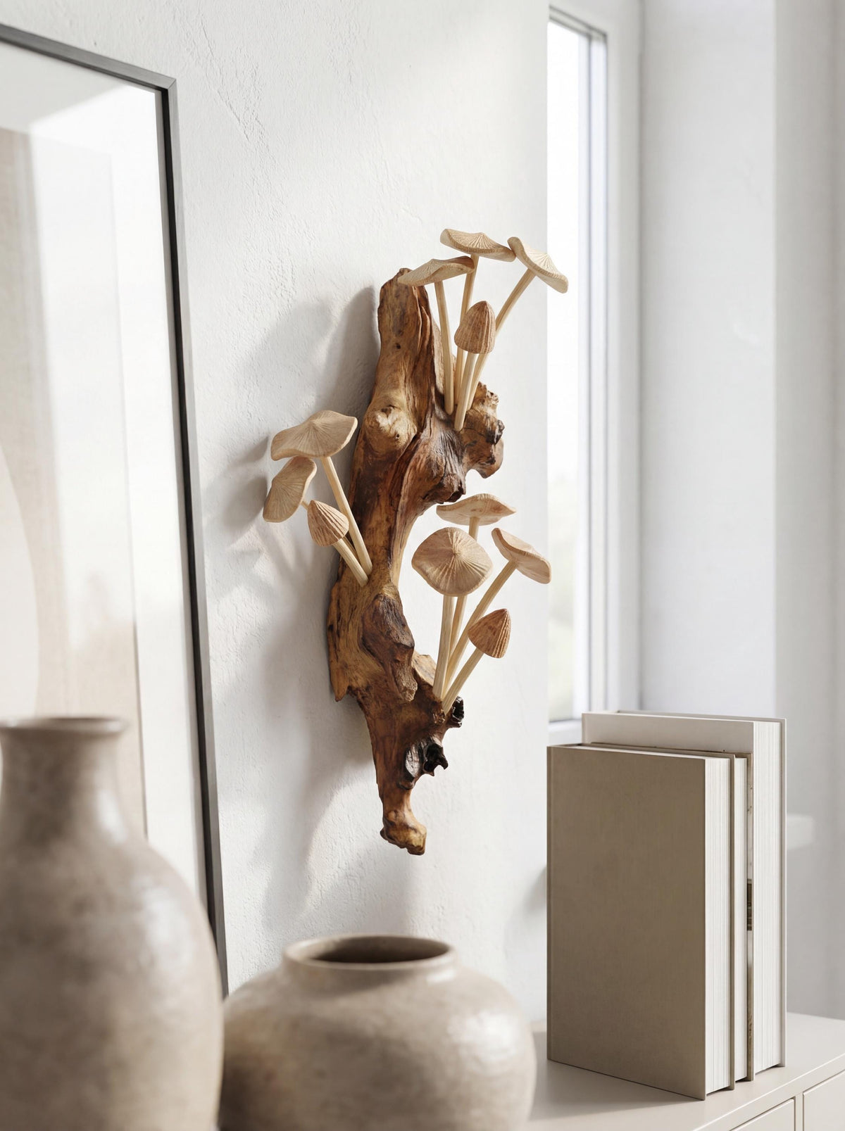 Hand-carved wooden mushroom wall sculpture