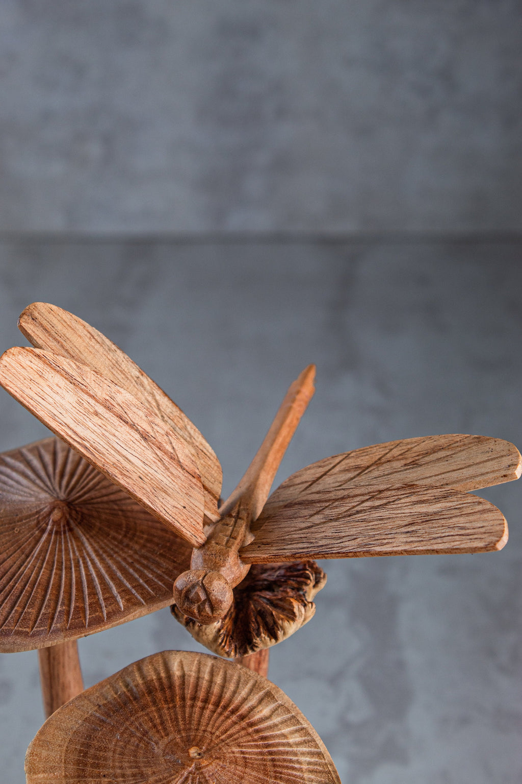 Wooden Dragonfly On Mushroom Sculpture (7")