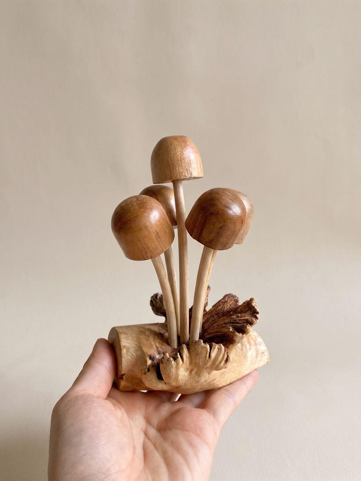 Hand Carved Wooden Mushroom Sculpture: Cluster woodland