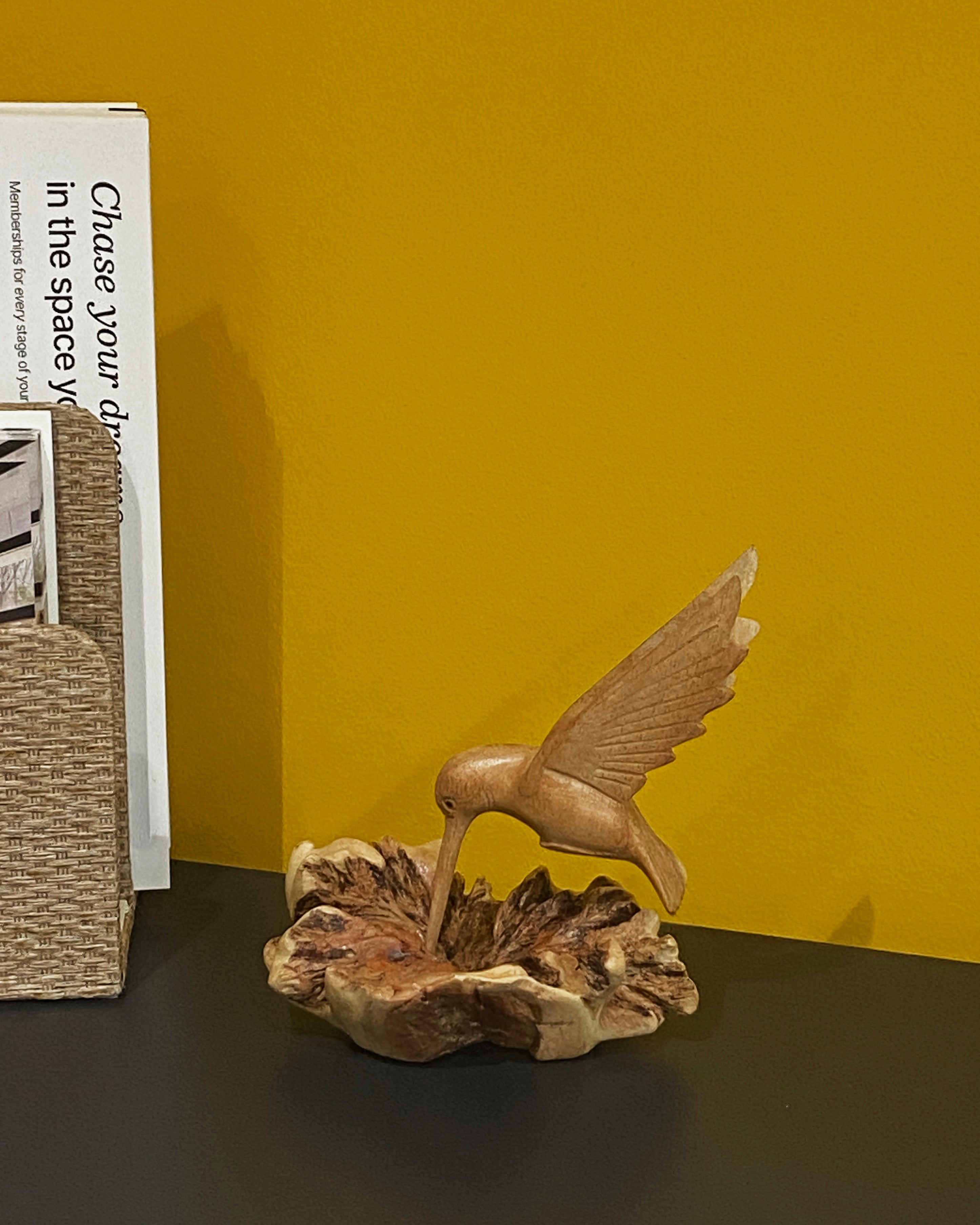 Hand-Carved Wooden Hummingbird Building Nest Sculpture (4")