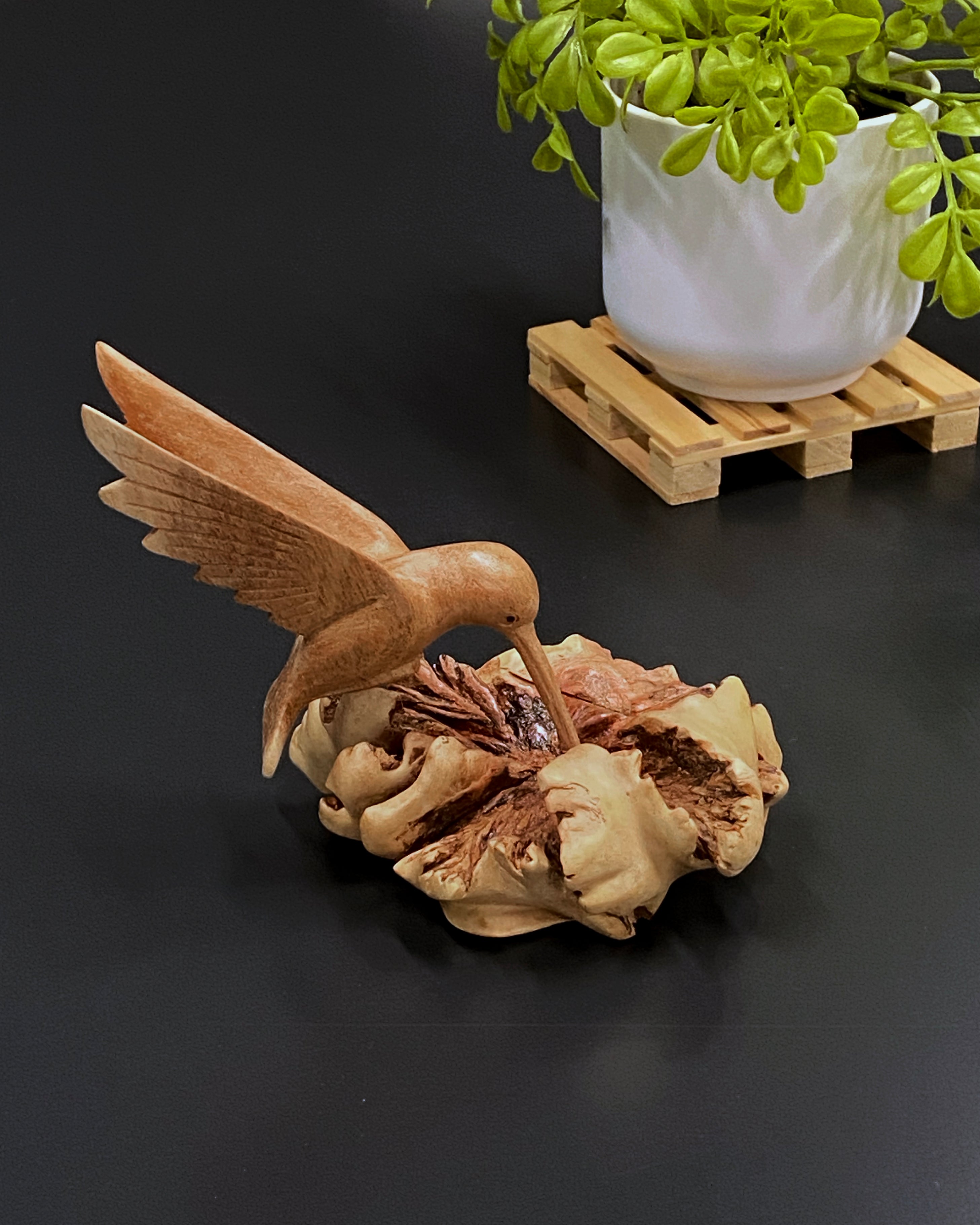 Hand-Carved Wooden Hummingbird Building Nest Sculpture (4")