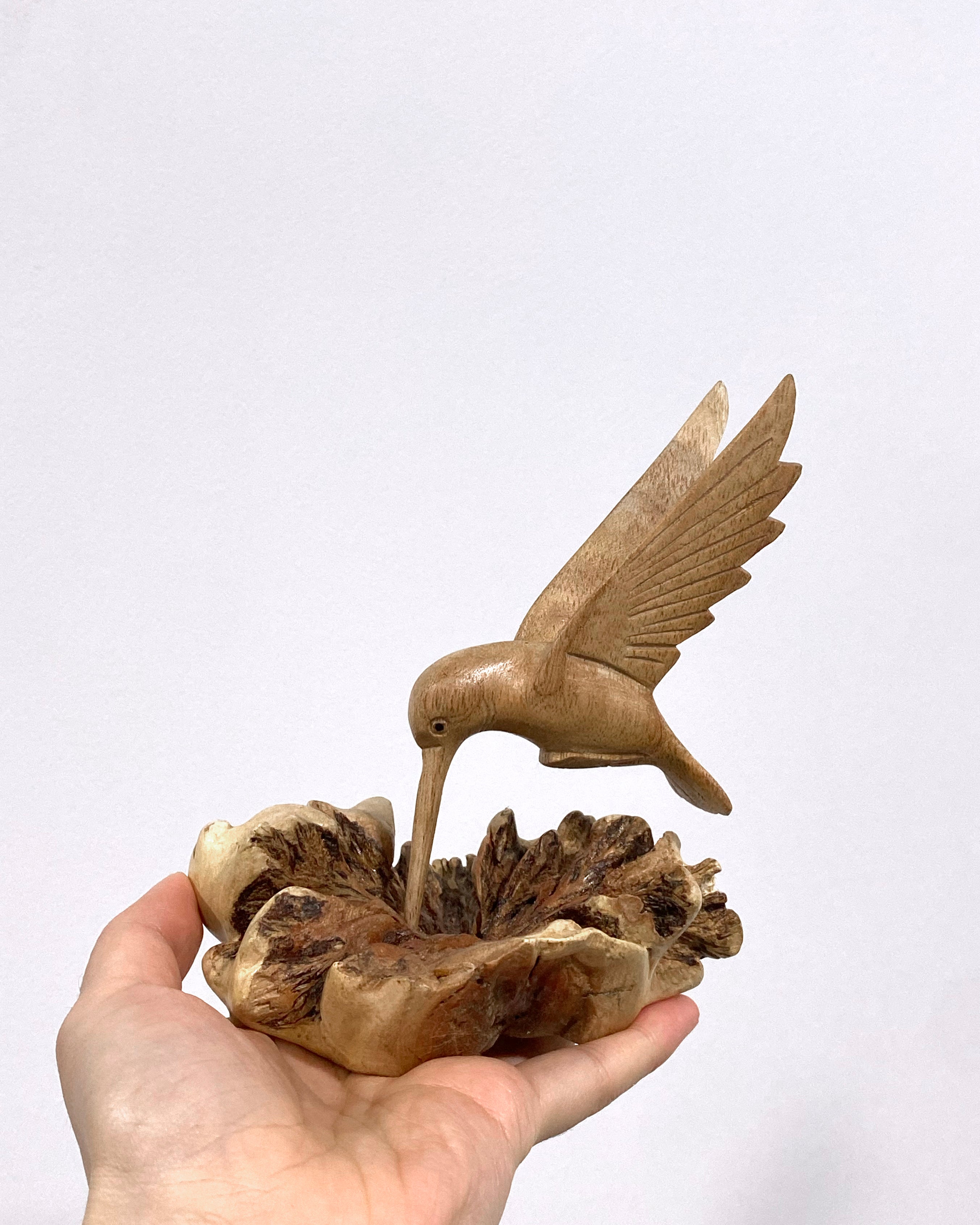 Hand-Carved Wooden Hummingbird Building Nest Sculpture (4")