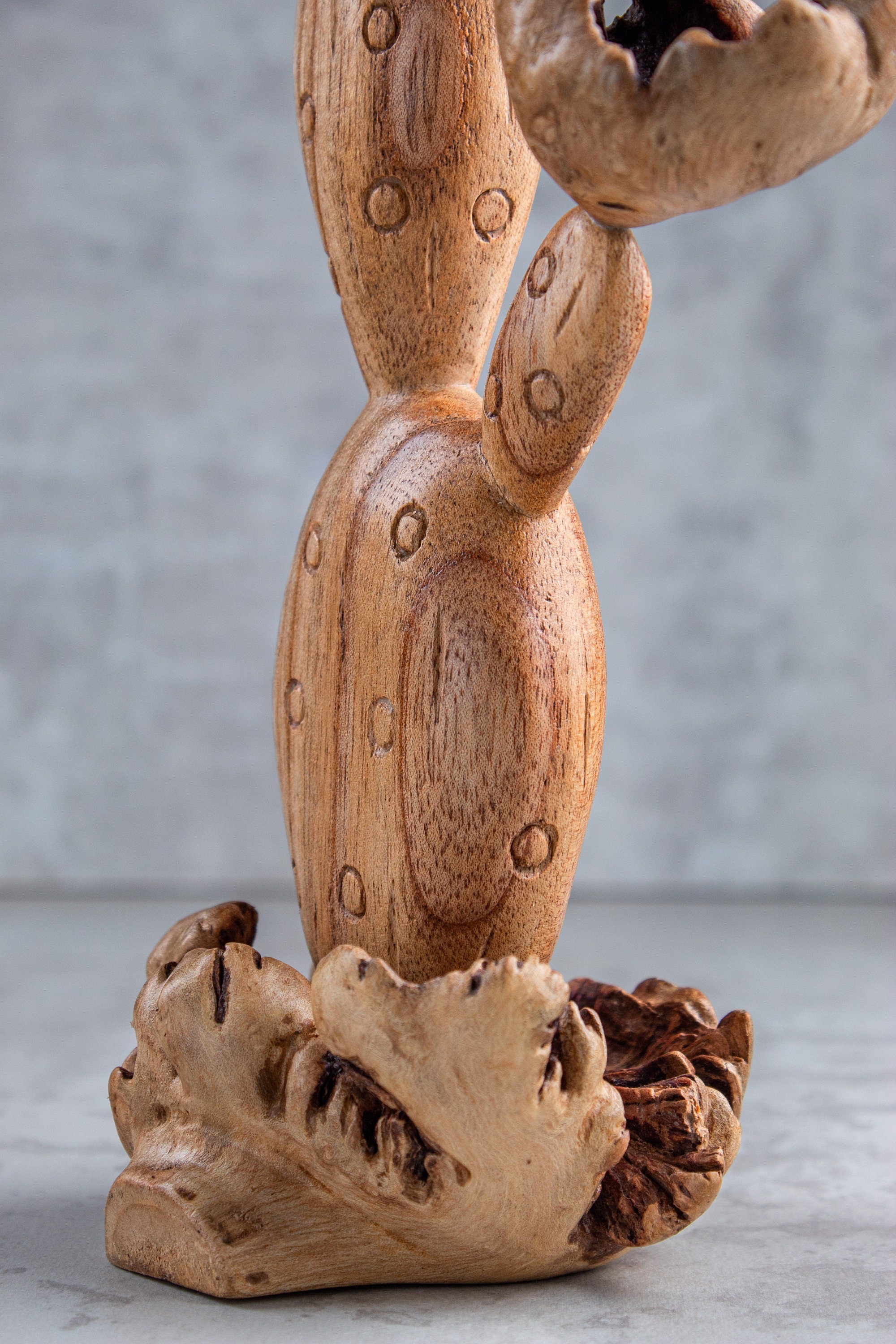 Wooden sculpture of a cactus with a textured background