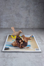 Wooden sculpture of birds and eggs on a magazine with a gray background