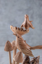 Hand-Carved Wooden Bird on Mushroom Sculpture – Artisan Parasite Wood Decor
