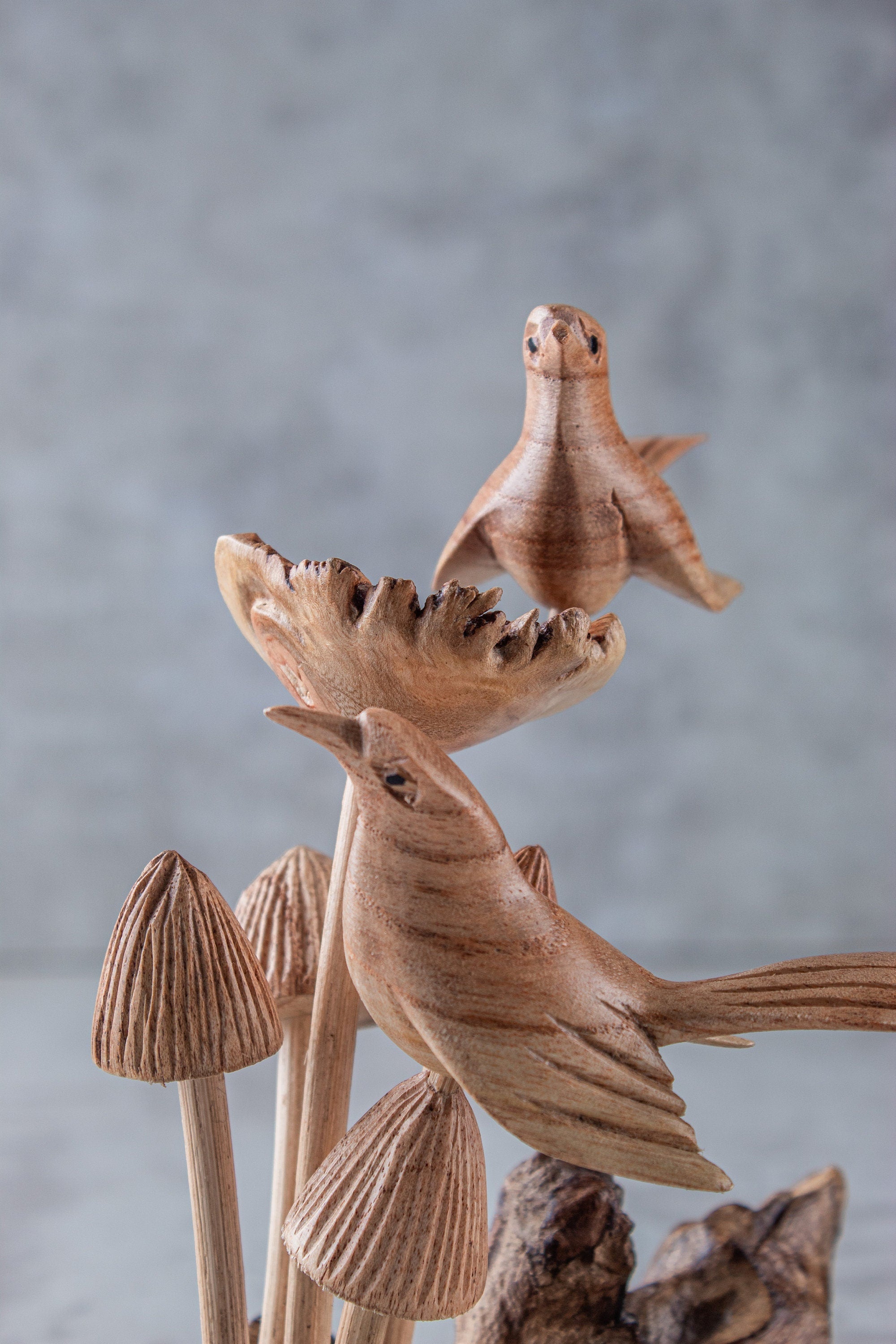 Hand-Carved Wooden Bird on Mushroom Sculpture – Artisan Parasite Wood Decor