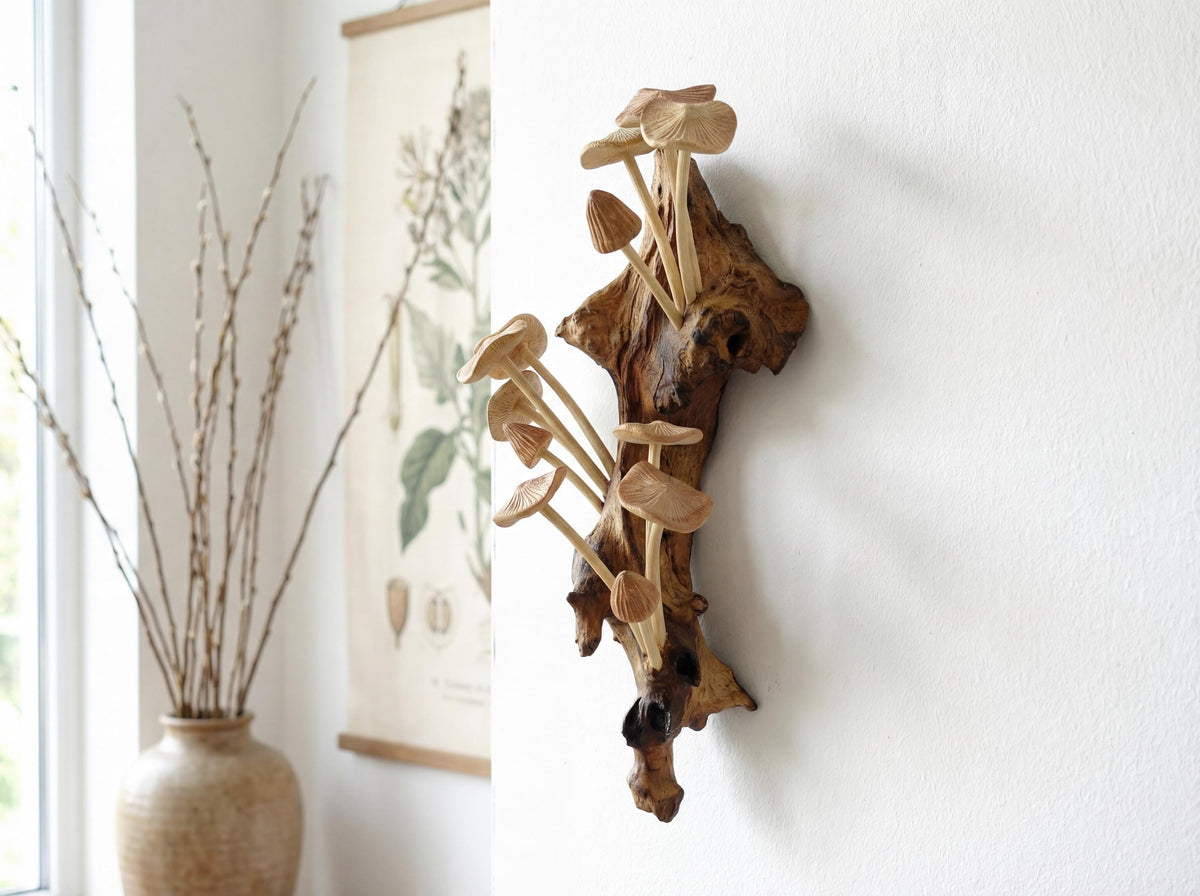 Hand-carved wooden mushroom wall sculpture