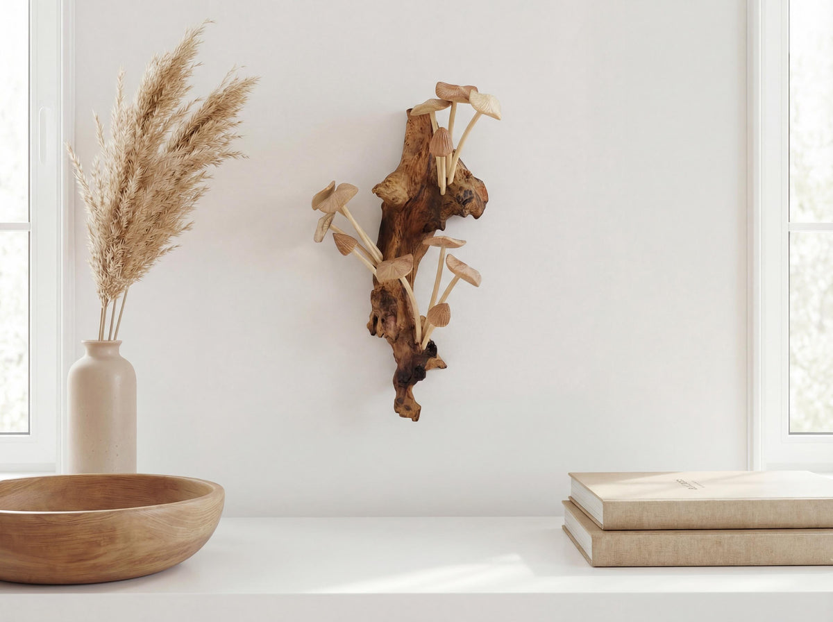 Hand-carved wooden mushroom wall sculpture