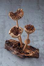 Hand-carved flower mushroom wooden sculpture, unique artisan wood carving for home decor and gifts
