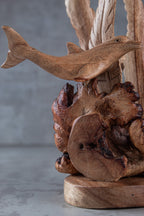 Hand-Carved Dolphin and Seaweed Wooden Sculpture from Parasite Wood