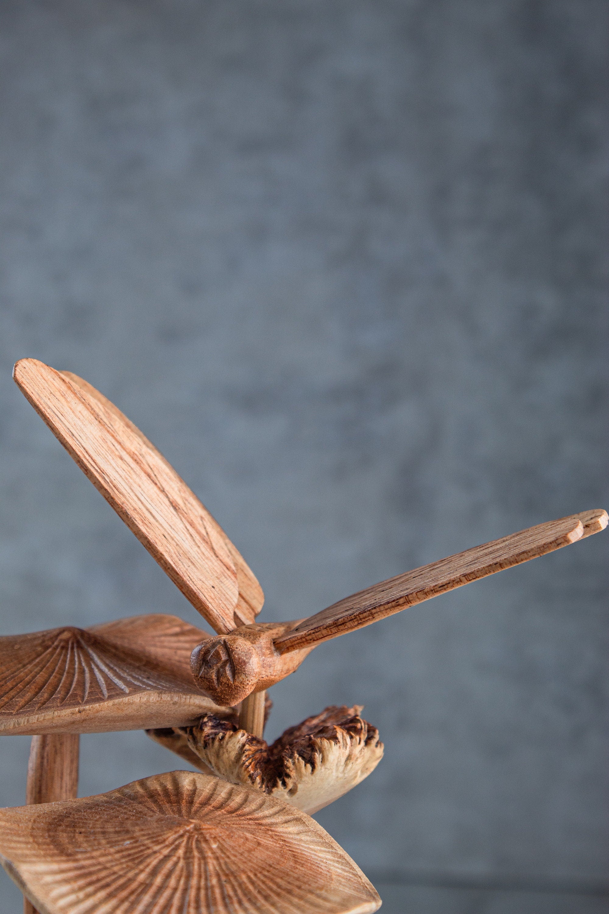 Wooden Dragonfly On Mushroom Sculpture (7")