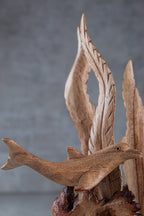Hand-Carved Dolphin and Seaweed Wooden Sculpture from Parasite Wood