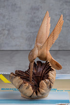 Hand-Carved Wooden Hummingbird Building Nest Sculpture (4")